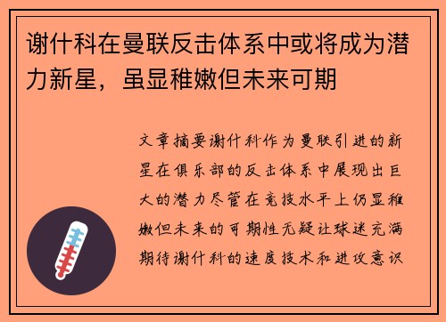谢什科在曼联反击体系中或将成为潜力新星，虽显稚嫩但未来可期