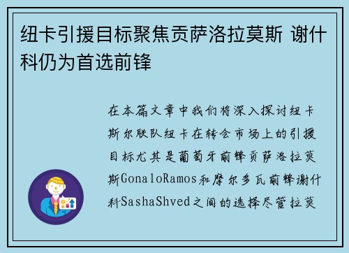 纽卡引援目标聚焦贡萨洛拉莫斯 谢什科仍为首选前锋