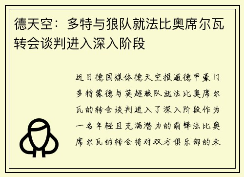 德天空：多特与狼队就法比奥席尔瓦转会谈判进入深入阶段